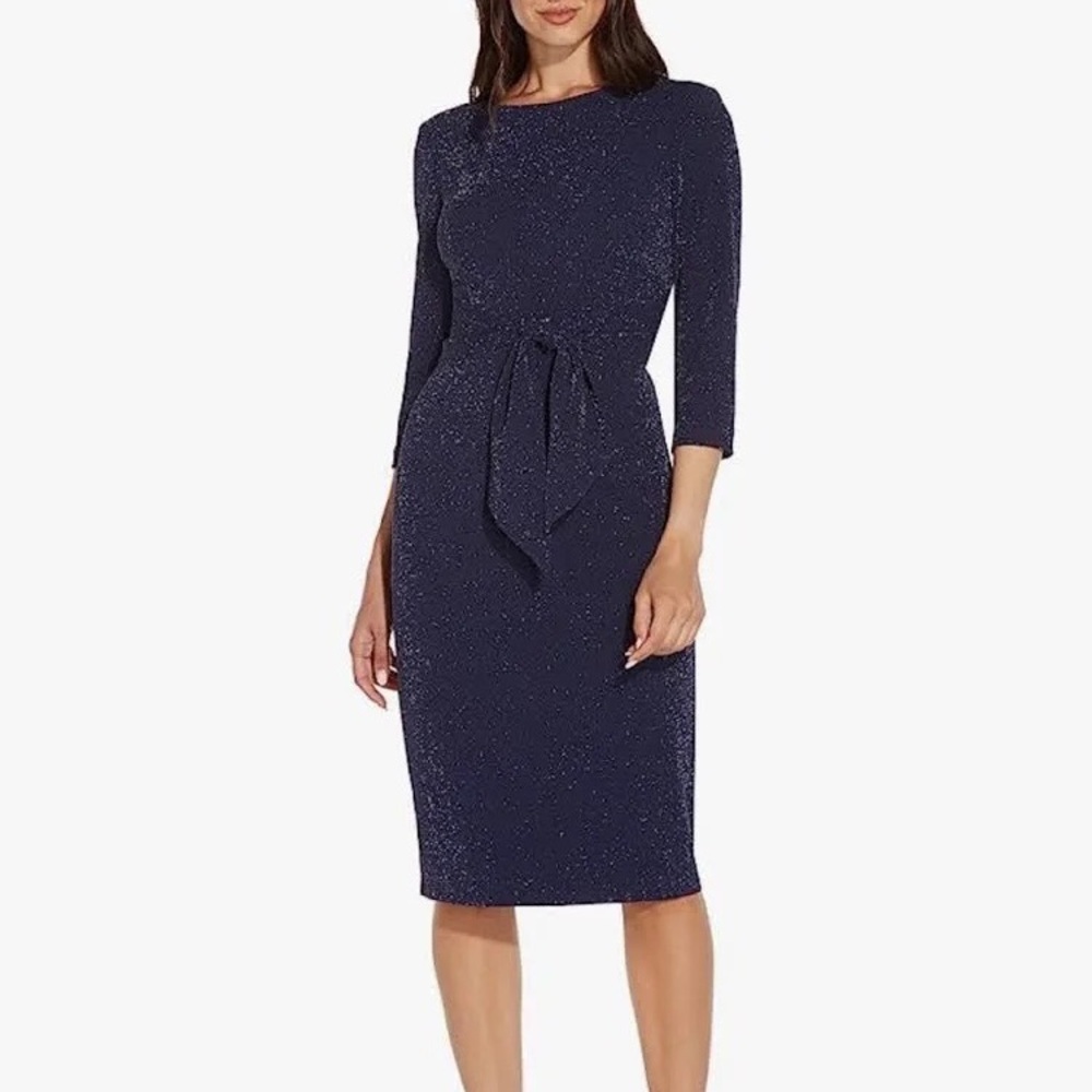 NWT New With Tags Adrianna Papell Metallic Knit Tie Front Dress Size 10 in Navy